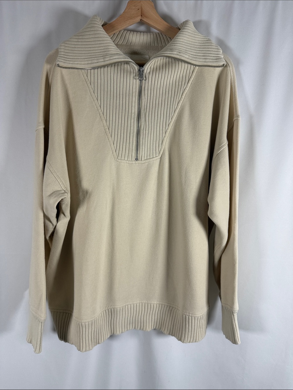 aerie Cream Half-Zip Ribbed Collar Pullover